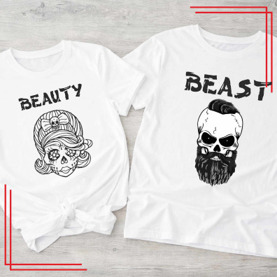 Koszulki dla par Beauty Beast komplet 2 sztuki rock tattoo styl