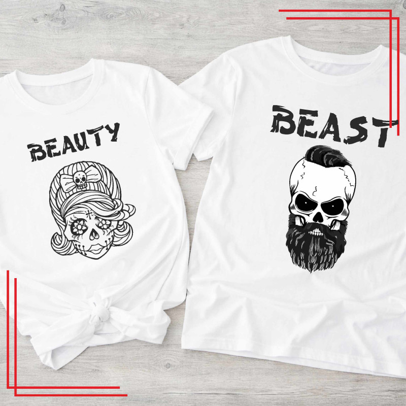 Koszulki dla par Beauty Beast komplet 2 sztuki rock tattoo styl
