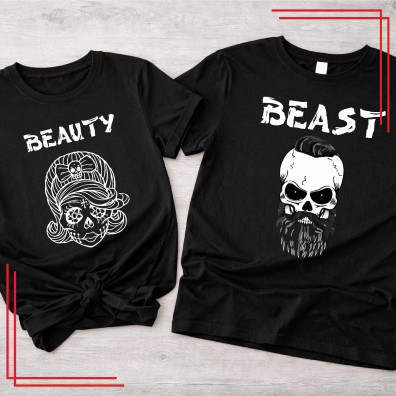 Koszulki dla par Beauty Beast komplet 2 sztuki rock tattoo styl