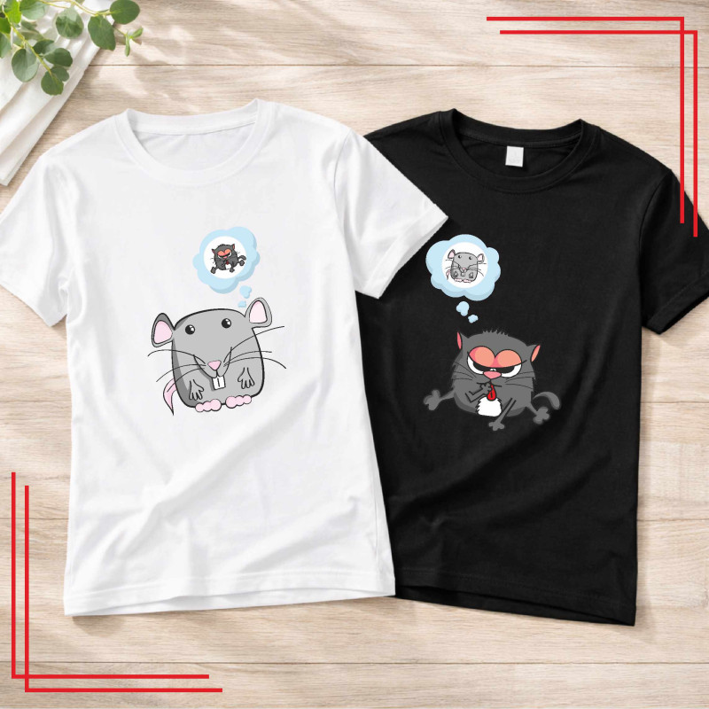 Śmieszne koszulki dla par mysz i kot komplet 2 sztuki