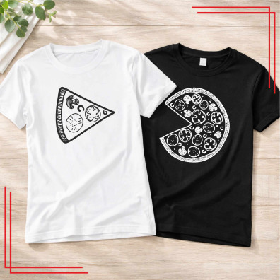 Śmieszne koszulki dla par z motywem pizzy. Bawełna premium, trwały nadruk DTF, szybka realizacja. Idealny prezent dla zakochanyc