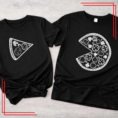 Śmieszne koszulki dla par z motywem pizzy. Bawełna premium, trwały nadruk DTF, szybka realizacja. Idealny prezent dla zakochanyc