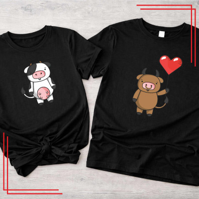 Koszulki dla par krówka i byk – zestaw koszulek z nadrukiem