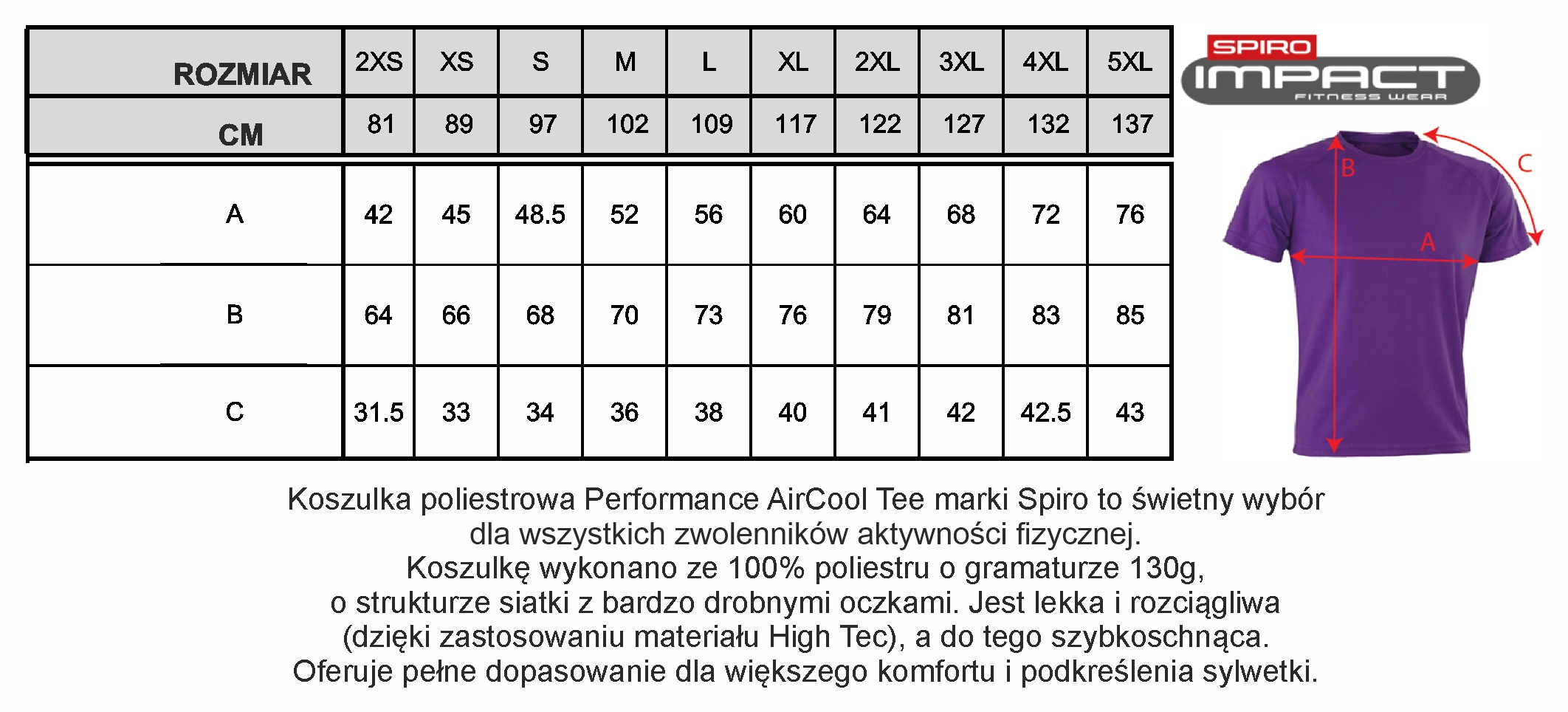 tabela koszulki poliestrowe